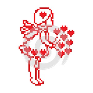 Pixel retro beautiful cute girl stands with a bouquet of flowers and balloon. Design stickers, logo, embroidery, app