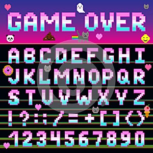Pixel retro font computer game design 8-16 bit letters and numbers electronic futuristic vector abc typeface digital