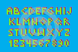 Pixel retro video game font. 80 s retro alphabet font.