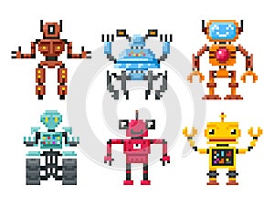 Pixel robots icons. 8 bit bots vector set