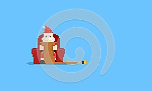 Pixel santa claus sit on sofa and reading wish list.8bit.