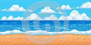 Pixel sea landscape. 8-bit sun beach with wave, cloud and sand. Game summer ocean panorama. Cloudy blue sky with horizon