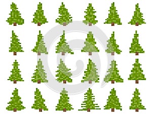 Pixel set of Christmas tree icons isolated on white background. Pixel art Christmas tree. Retro 8-bit video game