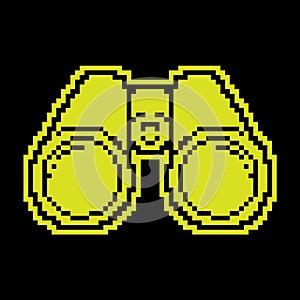 Pixel silhouette icon, binoculars look ahead. Search for objects in area. Simple black and yellow vector isolated on black