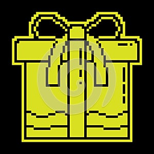 Pixel silhouette icon. Gift holiday box with bow on top. Gifts and surprises for new year 2022 and birthday. Simple black and