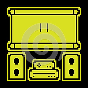 Pixel silhouette icon. Home theater with speakers and projector screen. Premium home cinema equipment. Simple black and yellow