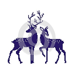 Pixel silhouettes of deers. 8 bit snow pixels deer. Animals for asset games in vector illustrations.