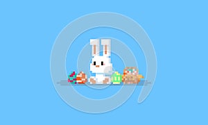 Pixel sitting bunny with easter eggs.Easter day.8bit.