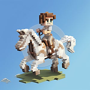 Pixel Sky: Terracotta Voxel Art Of A Man Riding A White Horse