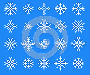 Pixel snowflakes set. Retro 8 bit video game sprite symbols of winter snow stars, frost glitter and sparkle. Vector photo