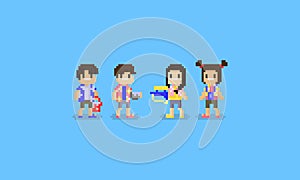 Pixel Songkran character.Thailand water festival.8bit.