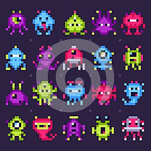 Pixel space monsters. Arcade video games robots, retro game invaders pixel art isolated vector set