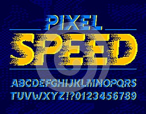 Pixel Speed alphabet font. Wind effect digital letters and numbers. Pixel background.