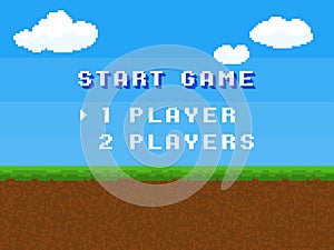 Pixel start game. 8 bit control menu screen, retro digital gameplay text, comic square stylized computer letters 80s