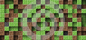 Pixel style 3d abstract cubes. Video game vector geometric mine mosaic pattern. Landscape of craft brown ground, green grass, gray