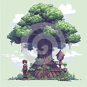 Pixel style boy tree building