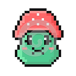 Pixel style fly agaric mushroom illustration. Cartoon nauseated face.