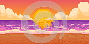 Pixel sunset beach. Game retro sea landscape. 8-bit background sunrise ocean scene, Hawaii cloudy sky with sun, night