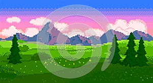 Pixel sunset landscape with fields and mountains photo