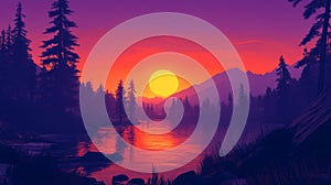 Pixel Sunset Landscape with River and Mountains