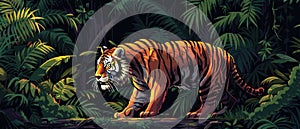 Pixel tiger striding coolly, 8bit style, vibrant jungle backdrop, sharp edges , high resolution photo