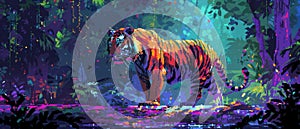 Pixel tiger striding coolly, 8bit style, vibrant jungle backdrop, sharp edges , high resolution photo