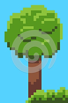 Pixel Tree and Bushes from 8 Bit Graphics Vector