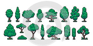 Pixel trees. Cartoon 8 bit retro game nature plant and environment object, video game sprite asset. Vector forest