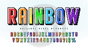 Pixel vector alphabet design, stylized like in 8-bit games.