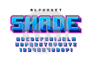 Pixel vector alphabet design, stylized like in 8-bit games.