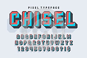 Pixel vector alphabet design, stylized like in 8-bit games. Chisel crafted.