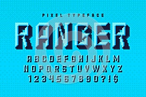 Pixel vector alphabet design, stylized like in 8-bit games. Chisel crafted.