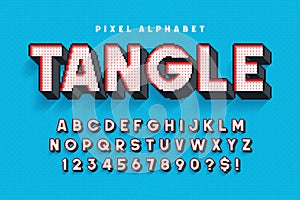 Pixel vector alphabet design, stylized like in 8-bit games. High contrast, retro-futuristic.