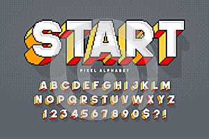 Pixel vector alphabet design, stylized like in 8-bit games. High contrast, retro-futuristic. photo