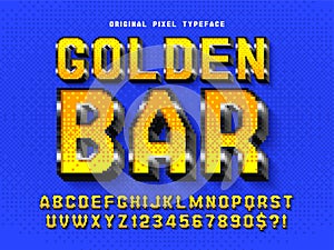 Pixel vector alphabet design, stylized like in 8-bit games. photo