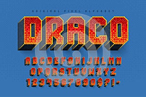 Pixel vector alphabet design, stylized like in 8-bit games. photo