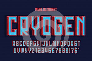 Pixel vector alphabet design, stylized like in console games. High contrast, retro-futuristic.