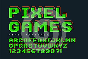 Pixel vector font design, stylized like in 8-bit games.