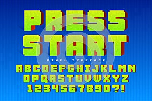 Pixel vector font design, stylized like in 8-bit games.