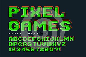 Pixel vector font design, stylized like in 8-bit games. photo