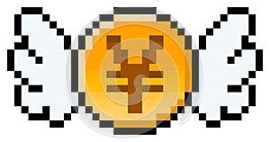 Pixel Yen, Yuan or Renminbi coin with wings - vector, isolated