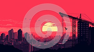 Pixelart Illustration Of Pink Sunset With Crane Construction