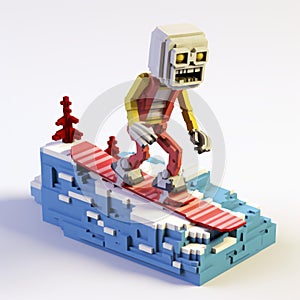 Pixelart Skeleton Snowboarding A Vibrant 3d Model With Toy-like Proportions