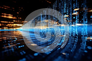 Pixelated binary code and data stream encryption concept with glowing dots on digital interface