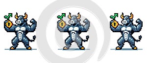 A pixelated bull with a bag of gold, symbolizing the strength and growth of the market