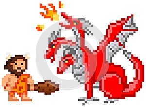 Pixelated caveman holding baton fighting against red three-headed dragon breathing fire isolated