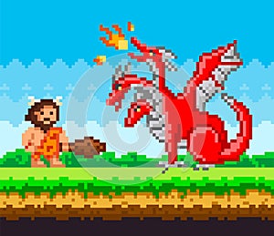 Pixelated caveman holding baton fighting against three-headed dragon breathing fire in pixel-game