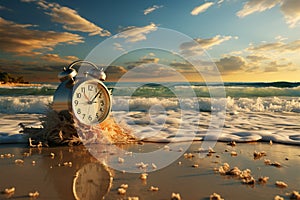 Pixelated clock merges with sandy beach, underscoring time management amid natural calm photo