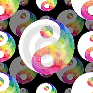 Pixelated colorful halftone yin yang icon drawn with rainbow color tints with horizontal gradient on a black background. Bright