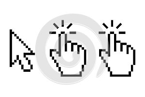 Pixelated computer cursor arrow and hand pointer icons on white background click